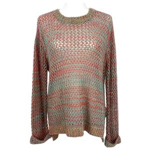JJ Basics Sweater Pastel Open Knit High Low Style in Pink & Green Women's Medium